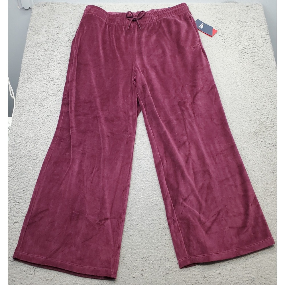 Reebok Velour Pants Womens 2XL Purple Comfort Wide Leg Elastic Waist Drawstring